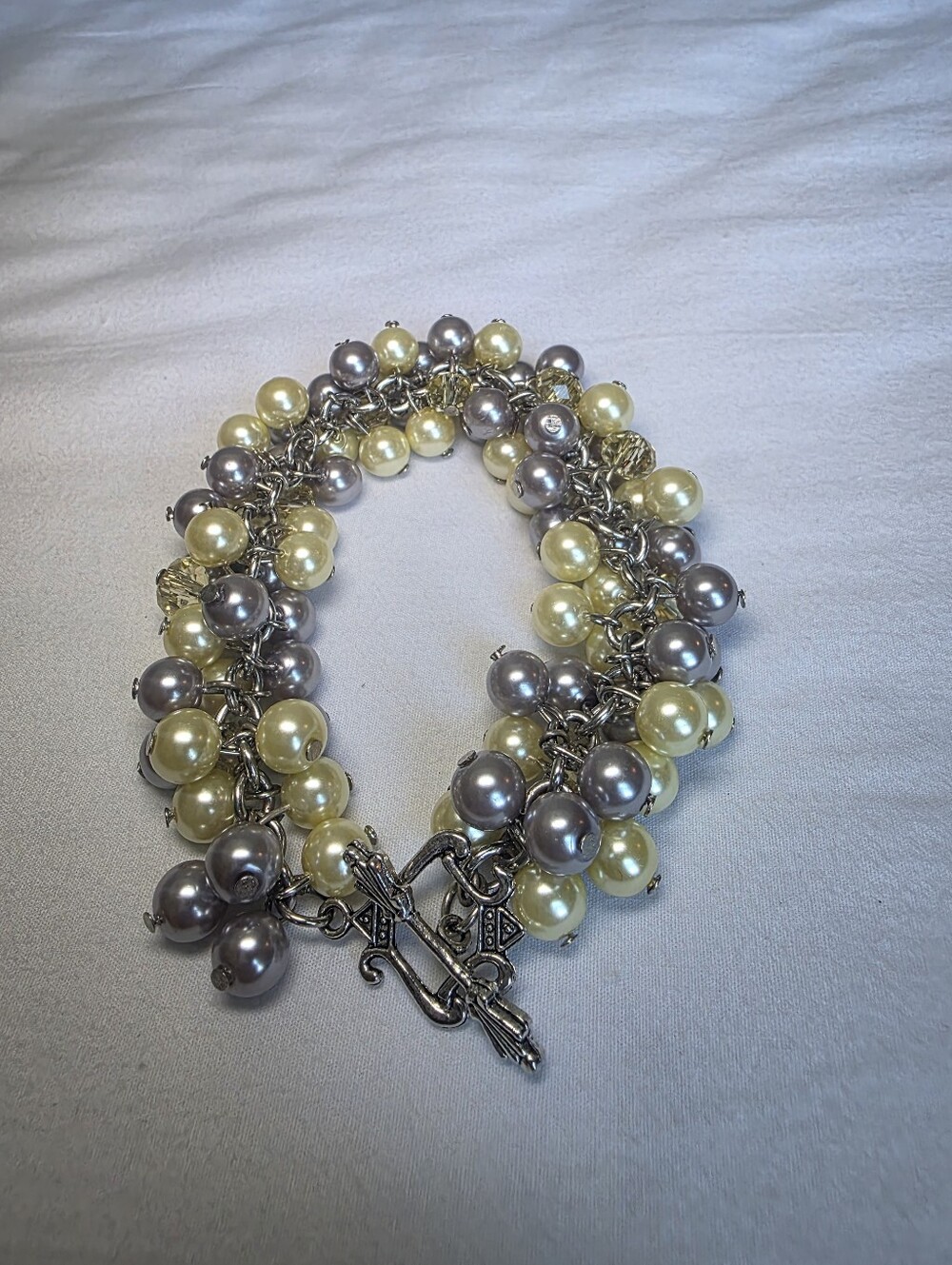 Cream And Silver Faux Pearl Cluster Toggle Bracelet